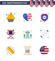 USA Independence Day Flat Set of 9 USA Pictograms of building star shield movies chair Editable USA Day Vector Design Elements