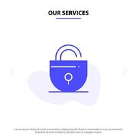 Our Services Lock Locked Security Internet Solid Glyph Icon Web card Template vector