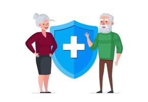 Elderly life and health insurance banner concept. Senior couple near protection shield with medical symbol. Grandparents medical support. Old people healthcare vector eps illustration