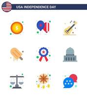 Happy Independence Day 4th July Set of 9 Flats American Pictograph of police usa guiter american icecream Editable USA Day Vector Design Elements