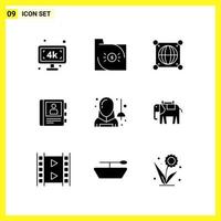 9 Icon Set. Simple Solid Symbols. Glyph Sign on White Background for Website Design Mobile Applications and Print Media. vector