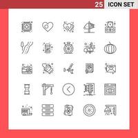 Pack of 25 Modern Lines Signs and Symbols for Web Print Media such as inspiration imagination heart idea switch Editable Vector Design Elements