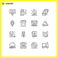 Modern Set of 16 Outlines Pictograph of chinese lantern business credit cash Editable Vector Design Elements