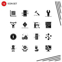 Set of 16 Vector Solid Glyphs on Grid for tool control connect carpenter tool Editable Vector Design Elements