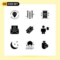 Mobile Interface Solid Glyph Set of 9 Pictograms of market lock interface envelope communication Editable Vector Design Elements