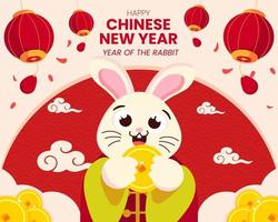 Flat happy chinese new year 2023, rabbit and coin with traditional abstract ornament used for template, banner, background and greeting card. vector