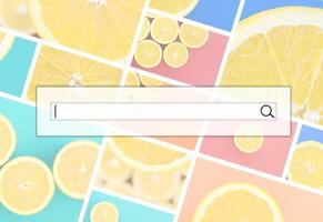 Visualization of the search bar on the background of a collage of many pictures with juicy oranges. Set of images with fruits on backgrounds of different colors photo