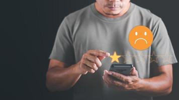 Male consumers express dissatisfaction after receiving a product or service. Negative rating ideas from a business or product. Online ratings, performance data, and evaluation of genuine user reviews. photo