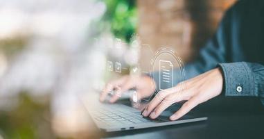Business professionals are managing files and folders that store corporate data digitally through cloud, Document Management System,cyberspace technology concept , file management online storage photo