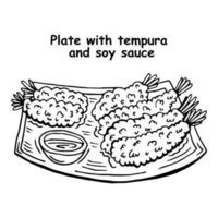 Tempura Japanese fried shrimp on plate. Hand drawn vector illustration. Suitable for website, stickers, menu.