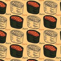 Pattern of ikura sushi with colored sketch style on white background vector