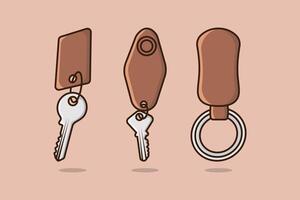 Leather keychain with different ring, chain and keys vector illustration. Set of bunch of different house keychain vector design. Metal keychain collection object icon concept.