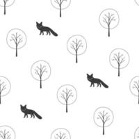 Seamless pattern with trees and foxes. Repeating background for Christmas design, packaging, prints, textile and decor. Vector illustration in Scandinavian style.