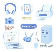 A set of electronics and gadgets for work and office. Vector illustration in a hand-drawn, modern style.