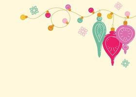 Illustration with multi-colored Christmas toys and colored light bulbs. Festive template with place for text. Vector illustration for postcards, banners and invitations. Happy holiday background.