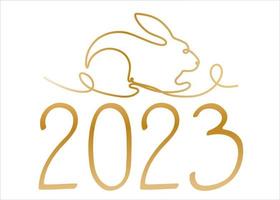 Golden rabbit symbol of the new year in a linear style. Cute rabbit with numbers 2023. Chinese New Year card. Vector holiday illustration.