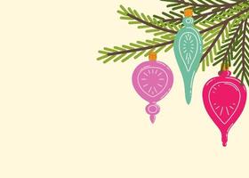 Multi-colored Christmas toys hang on the Christmas tree. Template with place for text. Vector illustration for postcards, banners and invitations. Happy holiday background.