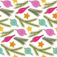 Seamless pattern with colorful Christmas toys, stars and fir branches. Traditional Christmas decoration. Vector illustration for print, backgrounds, wrapping paper and textiles.