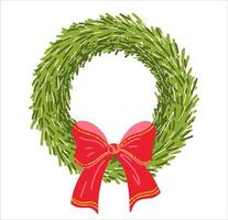 Christmas wreath decorated with a red bow. Festive design element. Vector artistic illustration for postcards, banners and print. Happy holiday background.