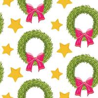Seamless pattern with Christmas wreaths with pink bow and stars. Traditional Christmas decoration. Vector illustration for print, backgrounds, wrapping paper and textiles. Happy holiday background.