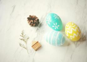 Pastel easter eggs with cute decorated, retro filter effect photo