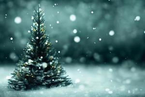 Abstract blurred bokeh background of Christmas tree with snow and copy space, holiday and celebration concept photo