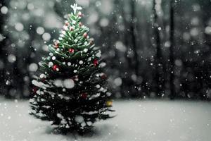 Abstract blurred bokeh background of Christmas tree with snow and copy space, holiday and celebration concept photo