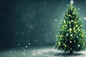 Abstract blurred bokeh background of Christmas tree with snow and copy space, holiday and celebration concept photo
