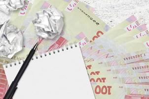 100 Ukrainian hryvnias bills and balls of crumpled paper with blank notepad. Bad ideas or less of inspiration concept. Searching ideas for investment photo
