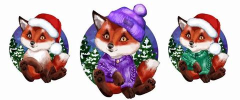 Cute cartoon Christmas foxes. A watercolor drawing made by hand. vector