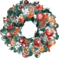 New Year's wreath. Watercolor Christmas vector drawing. For New Year and Christmas illustrations.