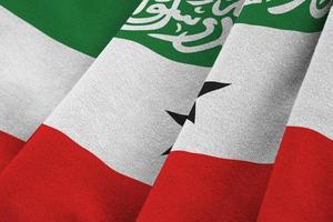 Somaliland flag with big folds waving close up under the studio light indoors. The official symbols and colors in banner photo