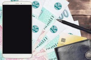 100 Czech korun bills and smartphone with purse and credit card. E-payments or e-commerce concept. Online shopping and business with portable devices photo