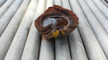 The fibrous outer skin of the coconut is placed on a galvanized pipe outside so that can hold water when rain come. photo
