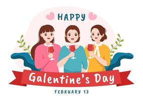 feliz día de galentine el 13 de febrero con la celebración de la amistad de las mujeres por su libertad en dibujos animados planos dibujados a mano ilustración de plantilla vector