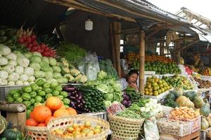 Magelang, Indonesia, 2020 - traditional market selling various types of fruits and vegetables photo