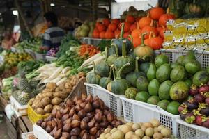 Solo, Indonesia, 2022 - traditional fruit shop with all kinds of variety in the basket. fruit market background photo