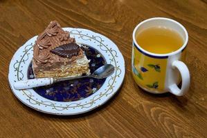 A piece of sweet cake on a plate and a cup of green tea on the table nearby. photo