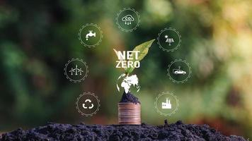 Net zero icon and carbon neutral concept in the hand for net zero greenhouse gas emissions target Climate neutral long term strategy on a green background. photo