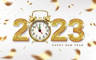 Christmas numbers 2023 with golden alarm clock, arrows point to New Year - concept. Confetti gold. 3D realistic illustration. Light background. Vector. vector