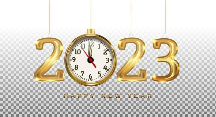 New Year 2023 metal gold numbers and clocks hang like Christmas decorations. Mockup for holiday banners. Isolated on transparent png background. Vector.