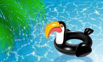 Inflatable ring black toucan bird. Summer holiday banner by the water in the pool. Palm leaves with shadow. Realistic 3D illustration. Vector. vector