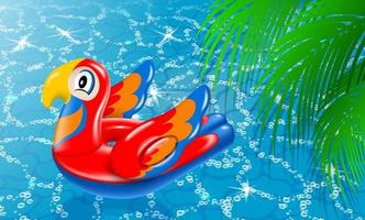 círculo inflable loro rojo brillante. banner de vacaciones de verano junto al agua en la piscina. hojas de palma con sombra. ilustración 3d realista. vector. vector