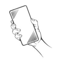 la mano sostiene un teléfono móvil. copiar espacio, lugar para pegar texto o imagen. ilustración de estilo de boceto. aislado sobre fondo blanco. vector. vector