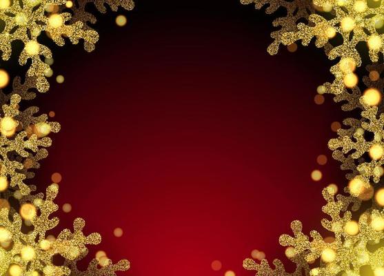 Christmas banner with golden snowflakes and bright glitter. Gold glitter and bright bokeh. New Year 2022 Realistic illustration on red background. vector.