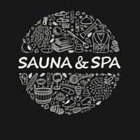 Sauna, SPA and bath accessories. Sketch of items in doodle style. Decorated in the form of a circle with space for text in the center. On a black background. Vector illustration.