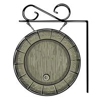 Wooden signboard in the shape of a circle bottom from a barrel of beer. Hanging on a price in a sketch style. Color illustration. Vector