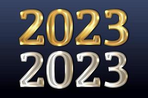 A set of metal numbers 2023, a symbol of the New Year. Layouts for Christmas greeting cards. Colors of gold and silver. On a blue background. Realistic style. Vector. vector