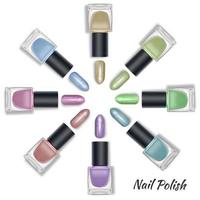 Circular frame of nail polish bottles - a banner for a nail salon, advertising. 3d realistic illustration. Vector isolated on white background.