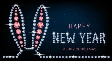 Banner with rabbit ears made of diamonds. Jewelry decorations for Christmas and New Year according to the Chinese calendar. On a neon blue background with bright stars. Vector. vector